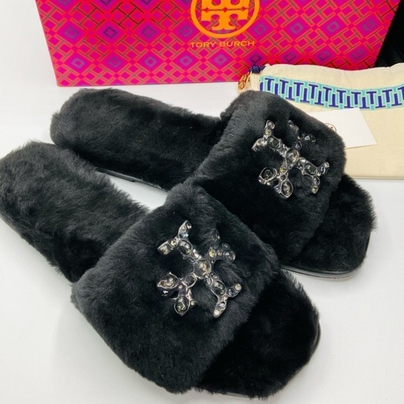 Tory Burch Shoes - Tory Burch NWT Double T black shearling jeweled slides SZ 6.5M